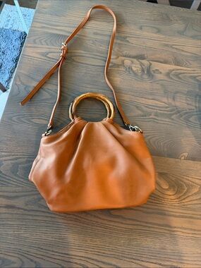 Women's Tan Shoulder Bag with Bamboo-Style Handles